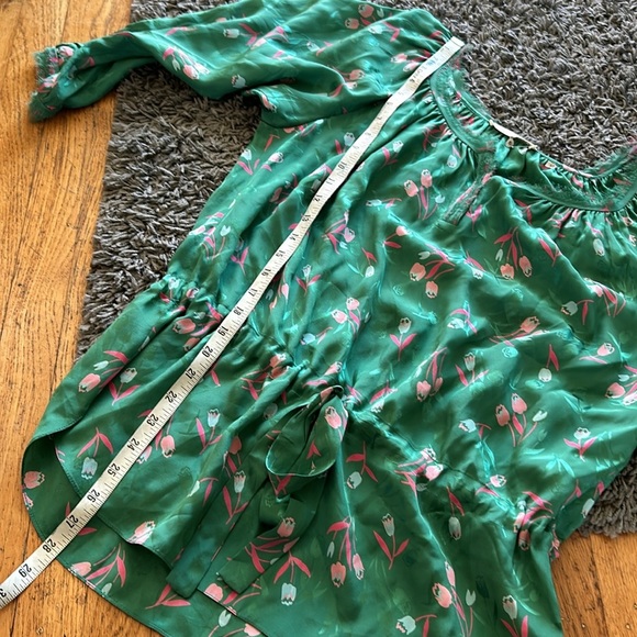 Rebecca Taylor Size 6 Green Floral 100% Silk Long Sleeve Tie Waist Blouse - Picture 8 of 11